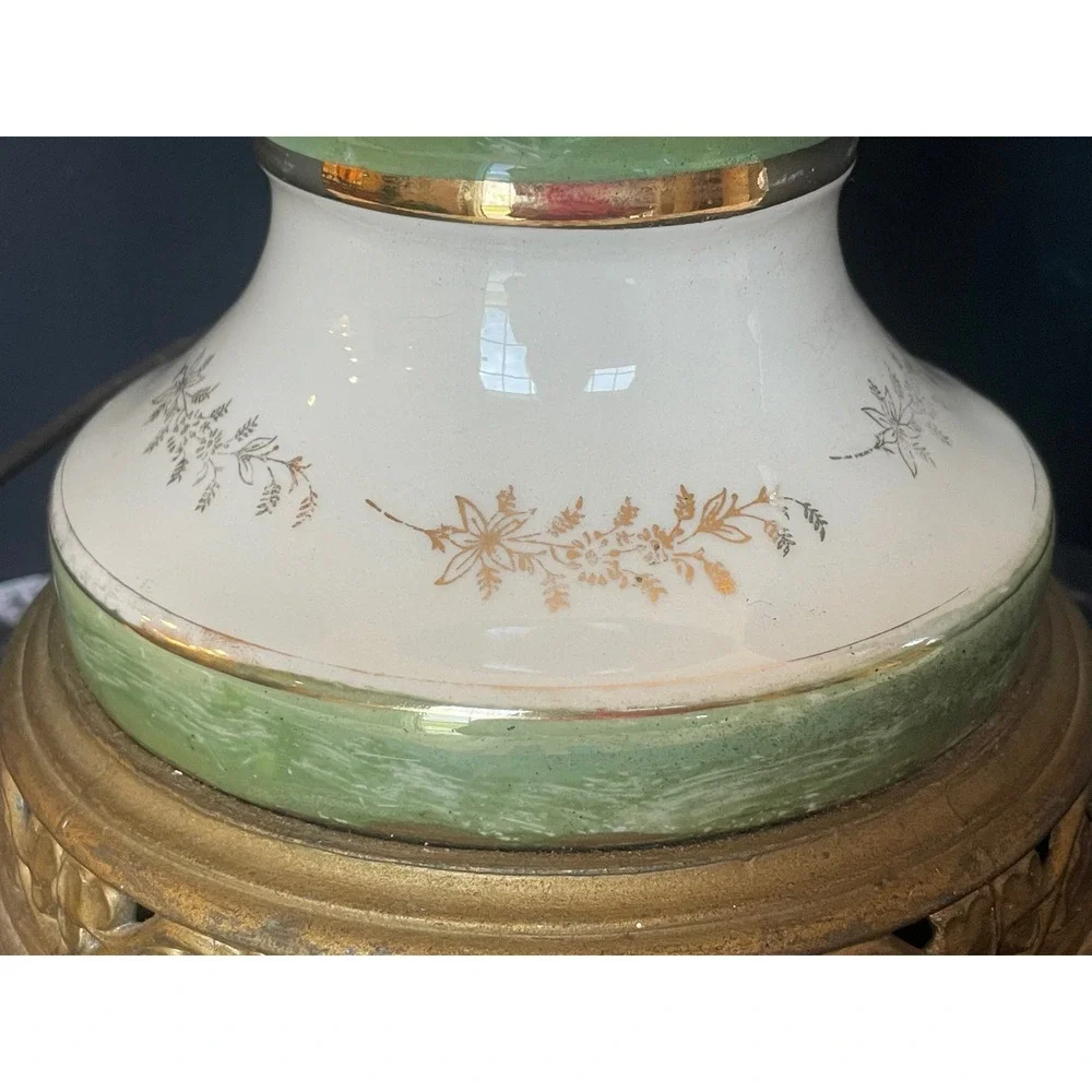 Vintage Fragonard Courting Couple Urn Lamp Green Porcelain Gold Trim Brass Base